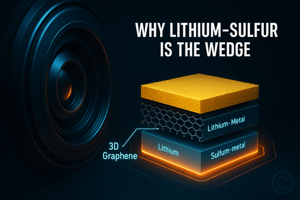 "Futuristic 3D illustration of Lyten’s lithium-sulfur battery technology, showing layered components including sulfur cathode, lithium-metal anode, and 3D graphene structure, representing high energy density and innovation in clean energy."