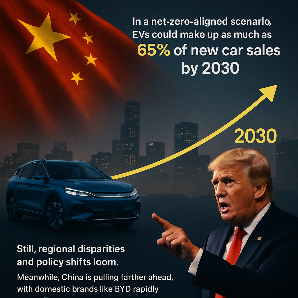 "Composite image illustrating global EV market trends and geopolitical shifts. On the left, a large Chinese flag waves over a city skyline with a sleek blue BYD electric vehicle in the foreground, symbolizing China’s dominance and BYD surpassing Tesla in sales. On the right, former U.S. President Donald Trump gestures emphatically, representing U.S. policy rollbacks on EV incentives. A rising yellow arrow labeled '2030' highlights the projection that EVs could reach 65% of new car sales in a net-zero-aligned scenario. Text at the bottom notes regional disparities, China’s lead, and BYD’s rapid growth."