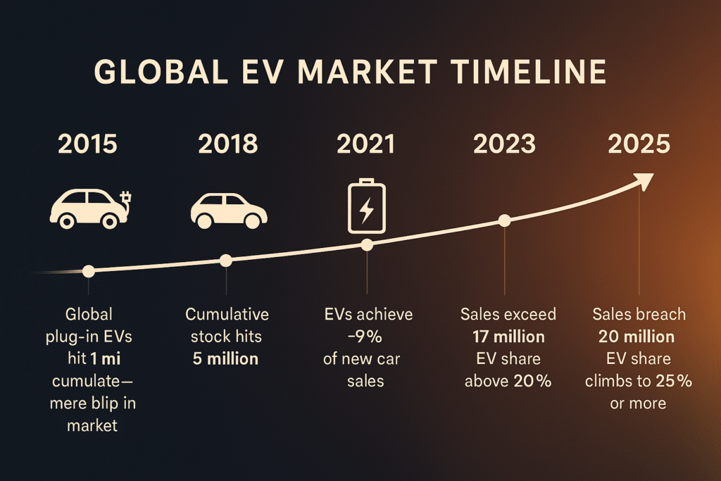 "Horizontal infographic of the global electric vehicle market timeline from 2015 to 2025. Shows 1 million electric vehicles sold in 2015, 5 million in 2018, 10 million in 2020, ~9% electric vehicle market share in 2021, ~18% in 2023, over 17 million electric vehicles and 20% share in 2024, and a projected 20 million electric vehicles with ~25% share in 2025. Includes icons of EV cars, batteries, and growth arrows."