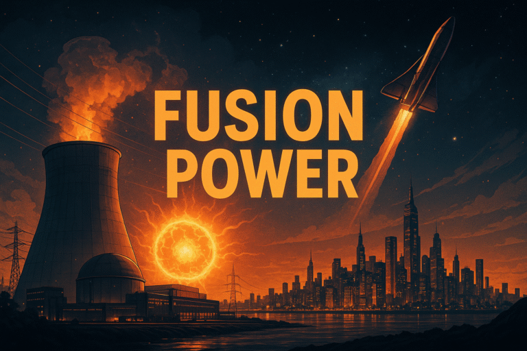 “Cinematic illustration of fusion power: futuristic city skyline illuminated by clean energy, a spacecraft launching, and a glowing nuclear fusion core—symbolizing the future of limitless energy.”