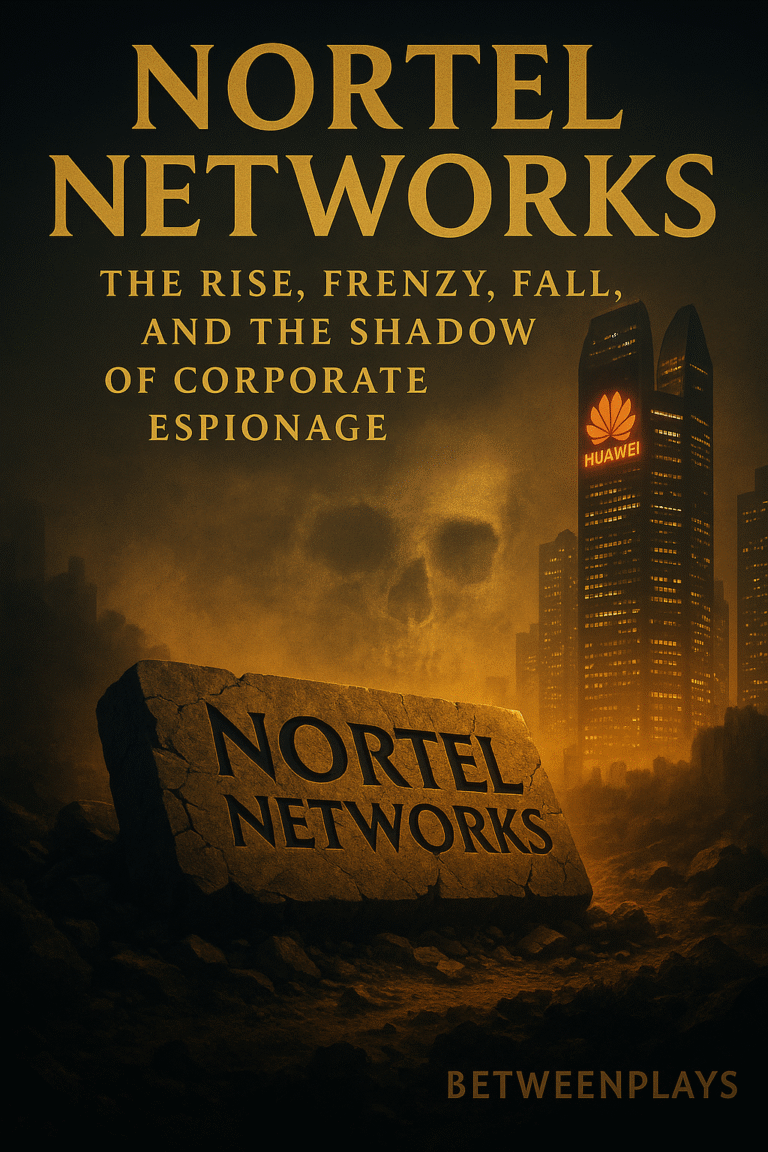 Digital artwork depicting the cracked Nortel Networks stone monument in the foreground, a ghostly abstract skull in smoke, China’s Chengdu Twin Towers with Huawei signage, and a dramatic panoramic skyline — symbolizing the rise, fall, and espionage shadow over Canadian tech history.
