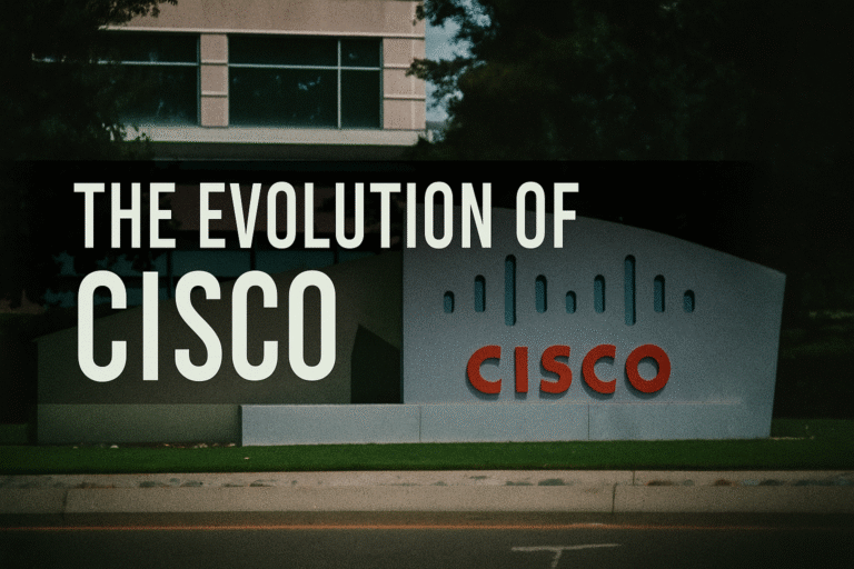 Sign in front of Cisco headquarters with text overlay reading “The Evolution of Cisco,” representing the company’s growth from networking hardware pioneer to cybersecurity and AI infrastructure leader.