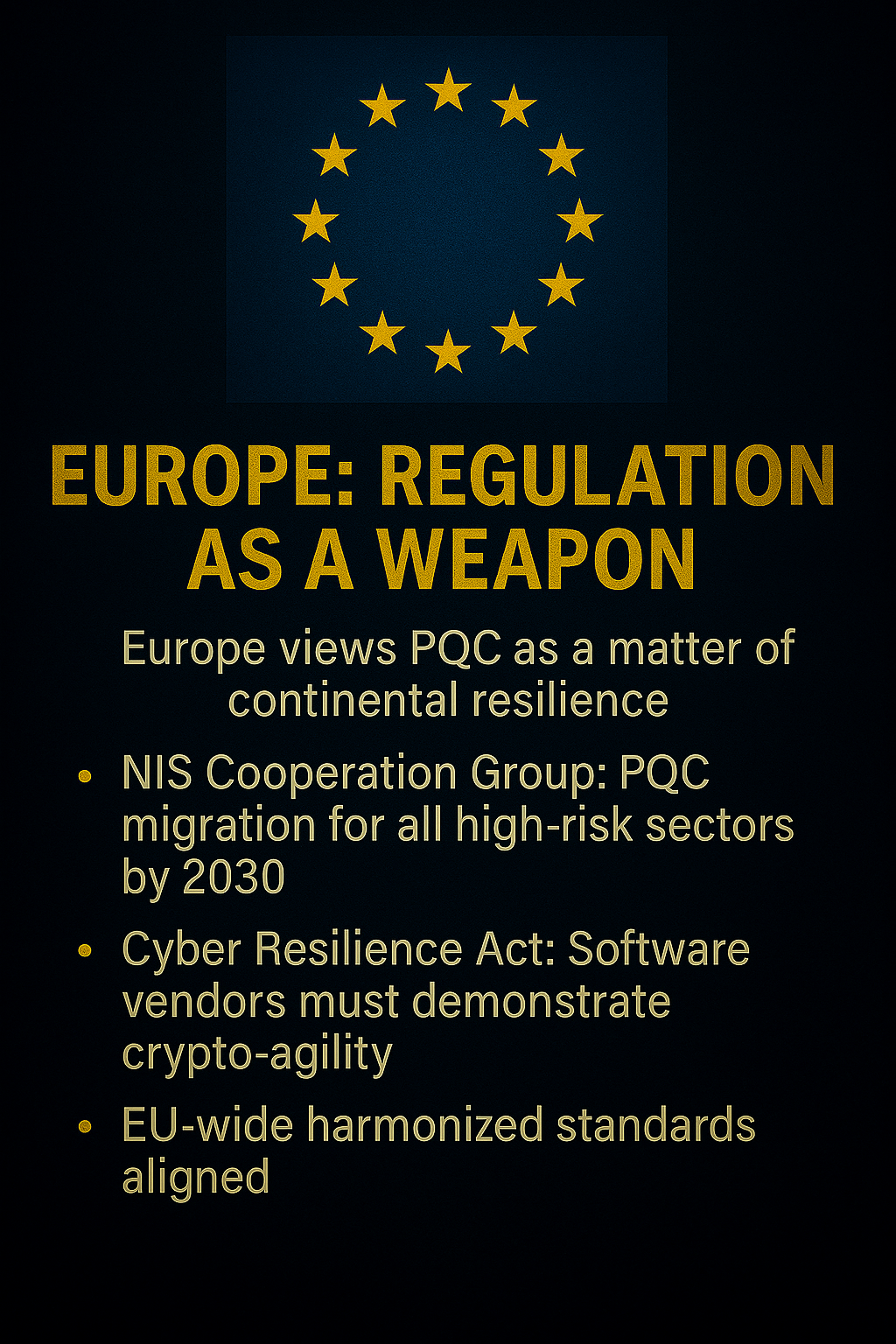 “Cinematic infographic showing the European Union flag and bold gold text outlining Europe’s regulatory strategy for Post-Quantum Cryptography (PQC).”