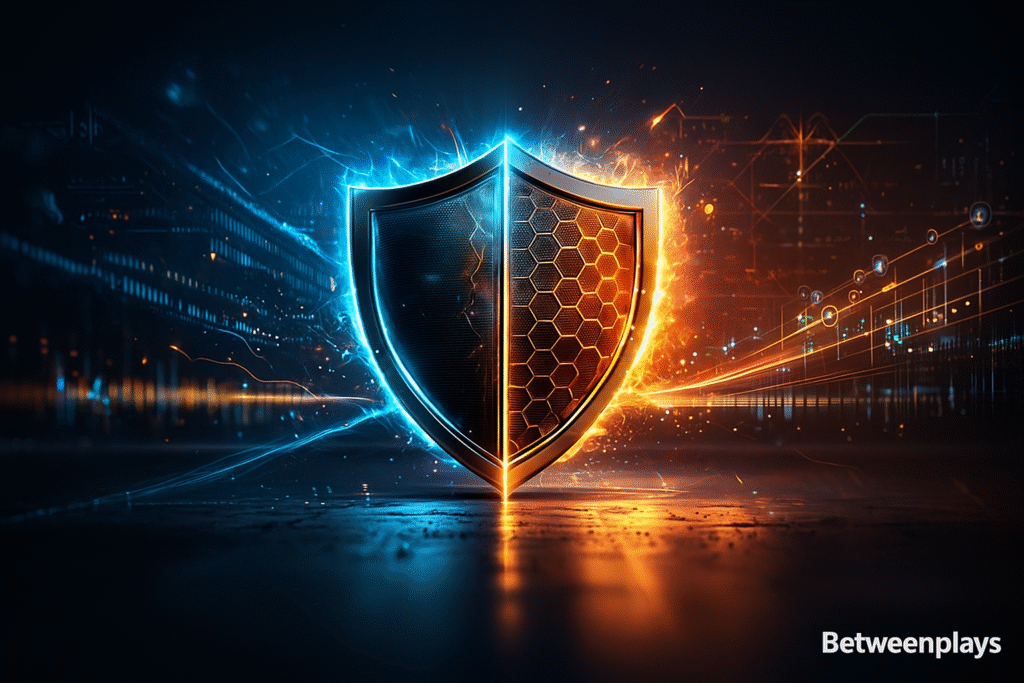 “Cinematic shield split between blue quantum energy and orange classical computation, representing Krown Technologies’ quantum-era security.”