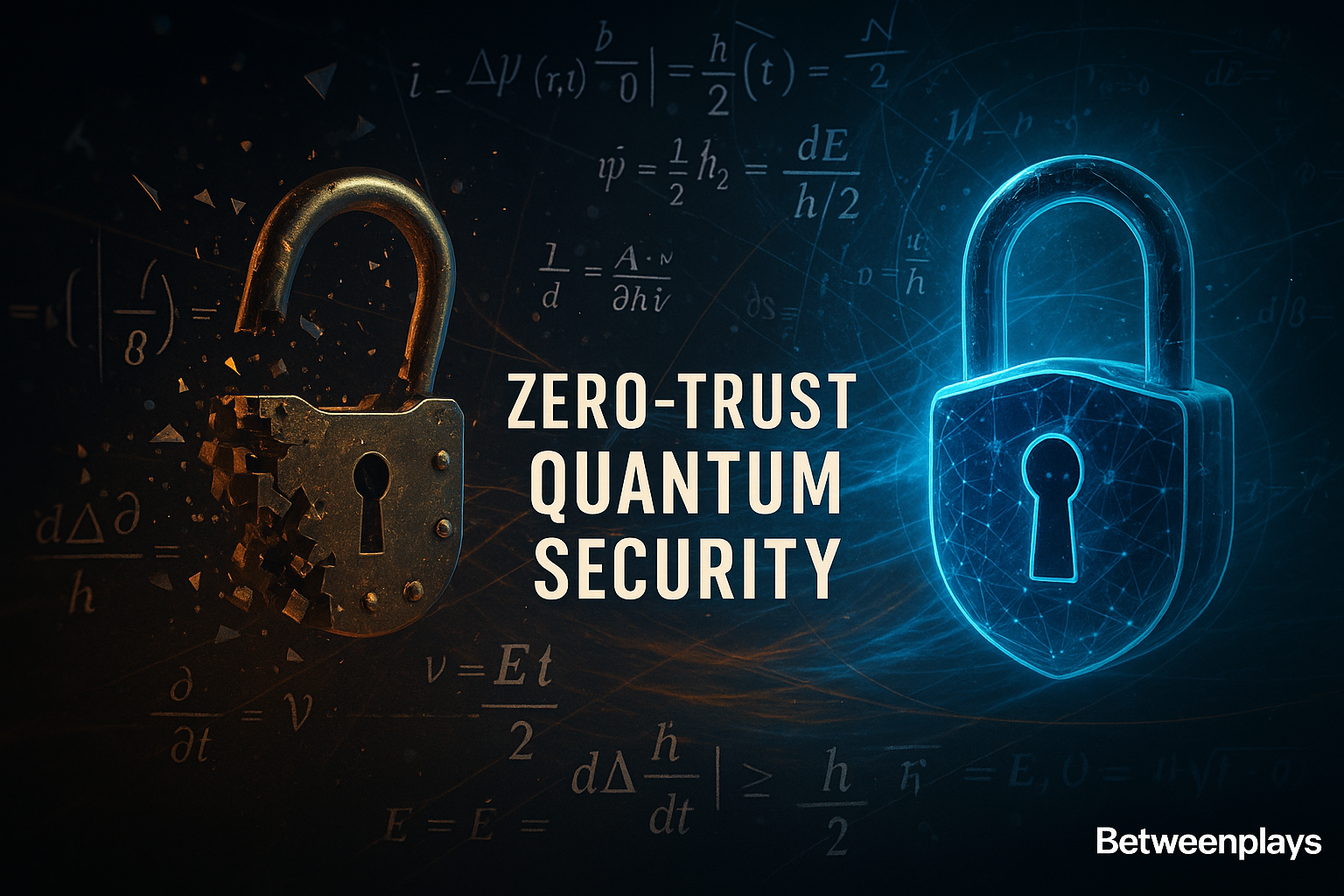 “Two locks side by side: a crumbling classical lock and a glowing quantum-secure lock, symbolizing zero-trust quantum security.”