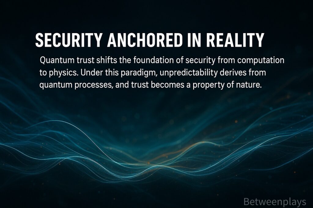 “Cinematic digital artwork of flowing blue quantum waves beneath the heading ‘Security Anchored in Reality,’ illustrating the shift from computation-based security to physics-based trust.”