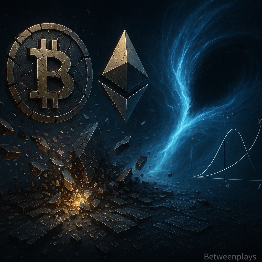 “Krown vs Quantum — quantum security battle illustration”, “Cinematic artwork of Bitcoin and Ethereum symbols cracking and breaking apart as quantum energy swirls behind them, representing classical blockchain vulnerability to quantum attacks.”