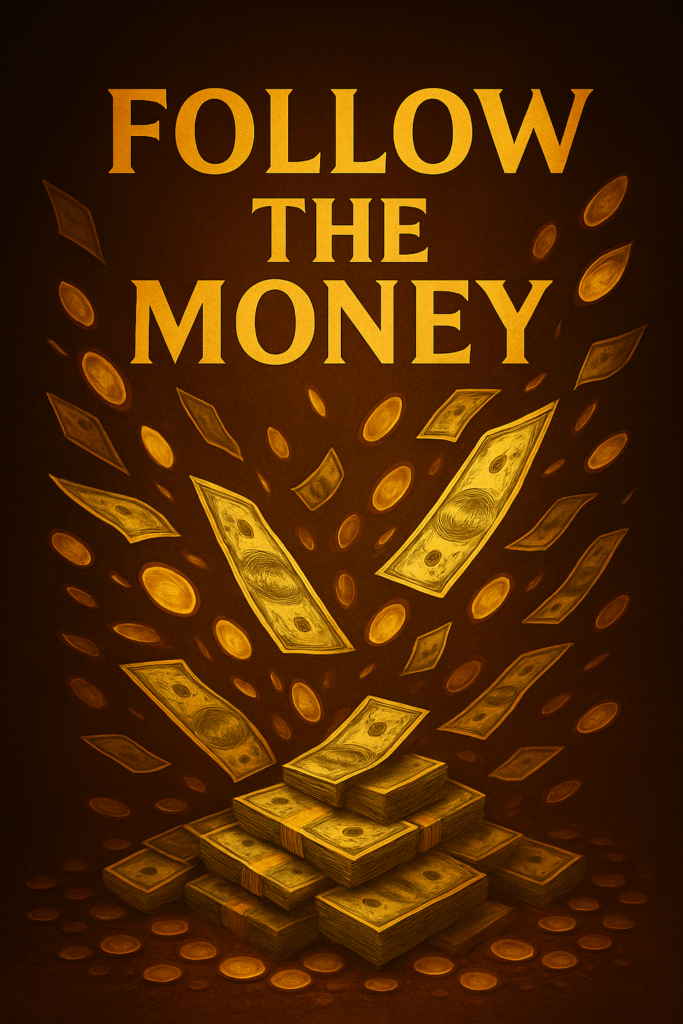 “Cinematic Betweenplays illustration of gold coins and cash exploding upward from stacked money bundles under the title ‘Follow the Money.’”