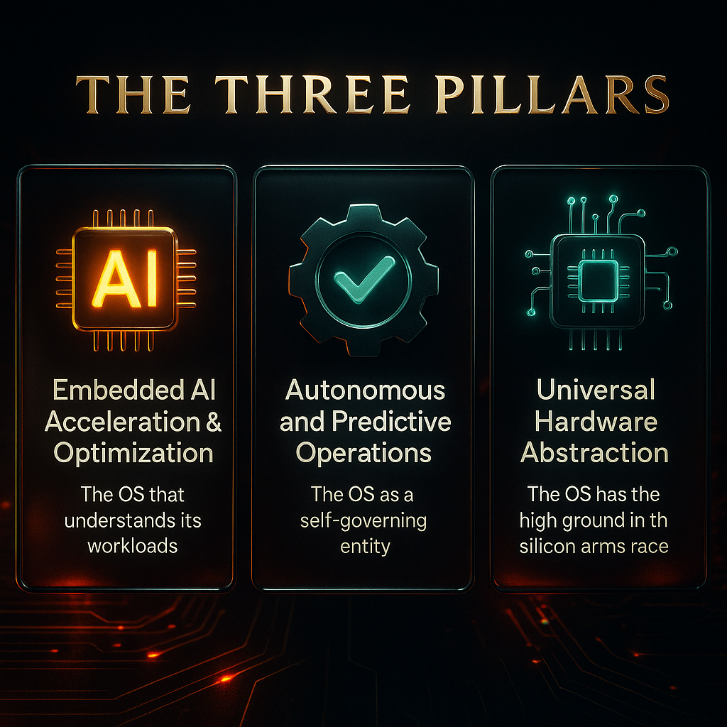 A cinematic 4K graphic titled “The Three Pillars” displaying three glowing AI-themed icons: an orange AI microchip for Embedded AI Acceleration & Optimization, a green autonomous-operations gear with a checkmark, and a teal hardware-abstraction microchip. The design sits over a dark tech-circuit background with the Betweenplays logo at the bottom right.