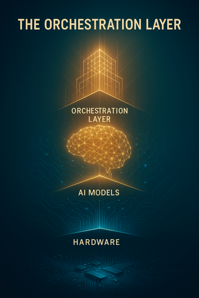 Futuristic 8K digital illustration showing four stacked technology layers—Hardware, Network, AI Models, and Orchestration Layer—illuminated from deep blue at the base to radiant gold at the top, symbolizing the evolution from silicon infrastructure to intelligent orchestration in the AI era.