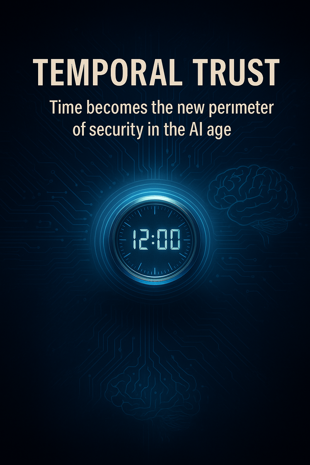 8K cinematic digital illustration titled “Temporal Trust,” depicting a glowing blue clock-core surrounded by neural circuitry and digital patterns, symbolizing verified time, AI security, and the convergence of technology and trust in the intelligence era.