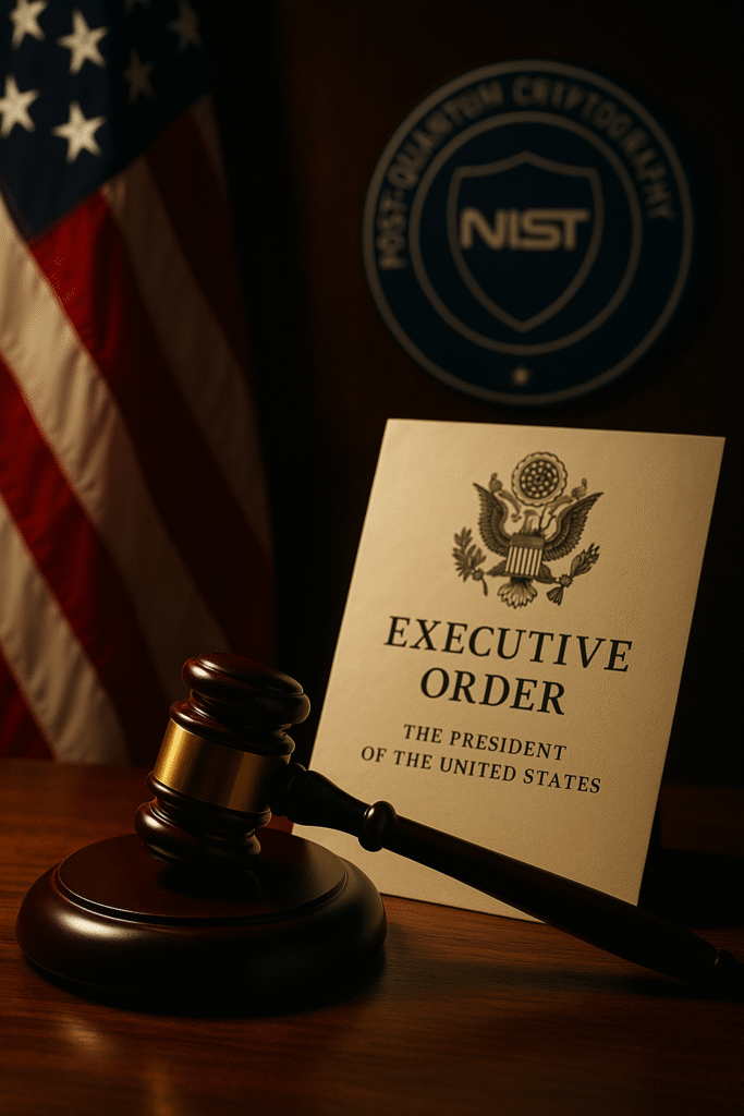 “Executive order document with gavel, U.S. flag, and NIST post-quantum cryptography emblem in the background.”