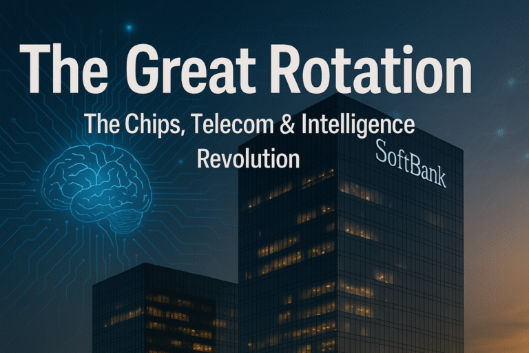 SoftBank headquarters at dusk with glowing lights and a digital brain overlay symbolizing AI innovation — title text reads “The Great Rotation: The Chips, Telecom & Intelligence Revolution.”