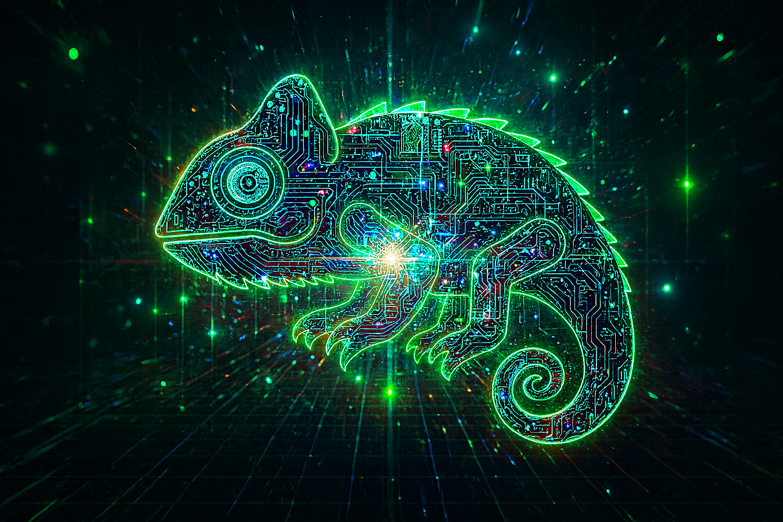 A glowing, neon-circuit chameleon rendered in cinematic 4K, composed of multi-coloured electronic pathways in green, blue, magenta, and teal. Sparks and particle trails animate through the circuitry as a bright energy core pulses at the center. The creature floats above a holographic grid with layered depth effects, surrounded by luminous particles in a futuristic digital environment.