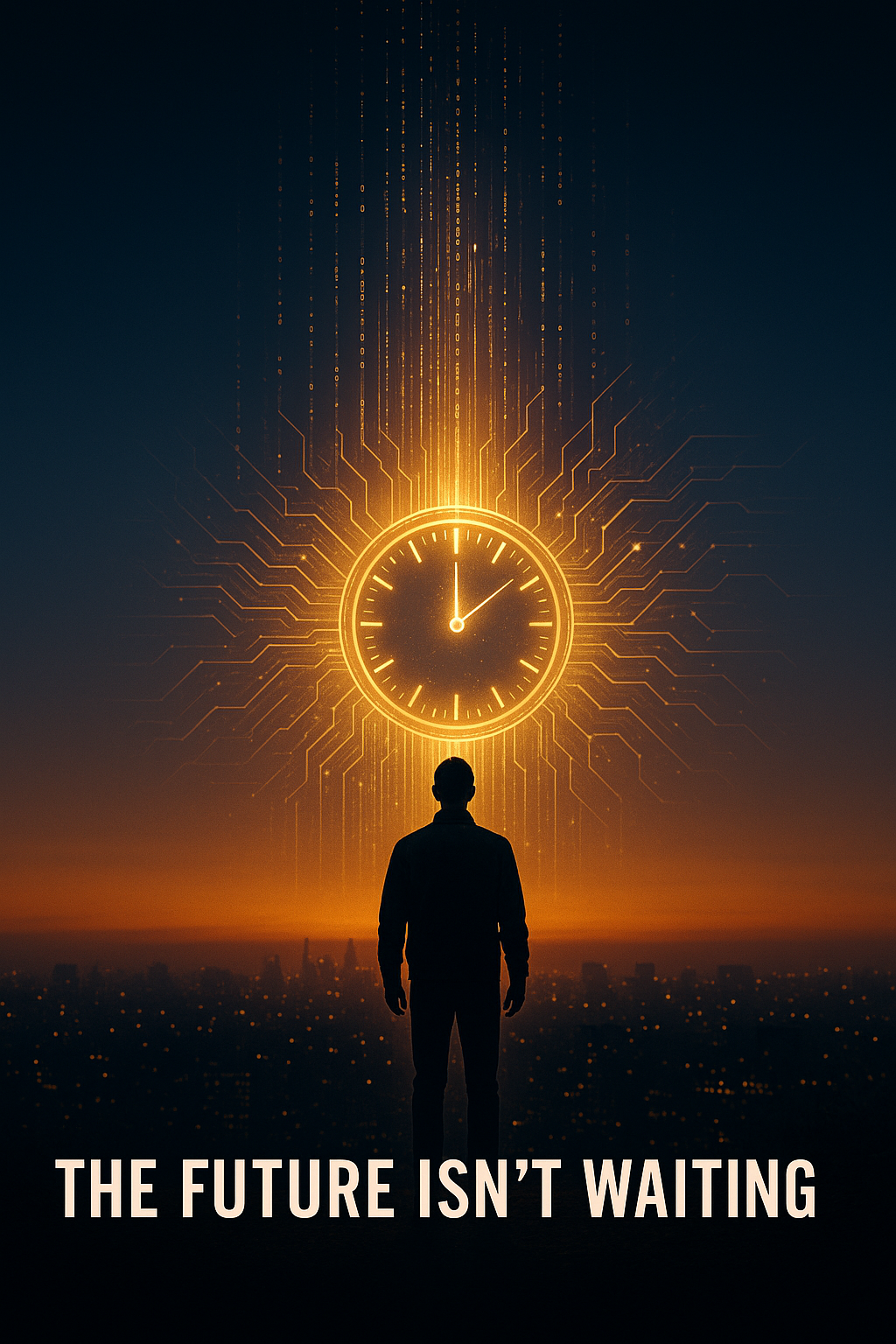 8K cinematic digital illustration of a silhouetted figure standing before a glowing golden horizon of neural light and data streams, symbolizing the convergence of technology, imagination, and artificial intelligence, inspired by Masayoshi Son’s quote: “The future isn’t waiting for hardware to catch up; it’s waiting for our imagination to do so.”