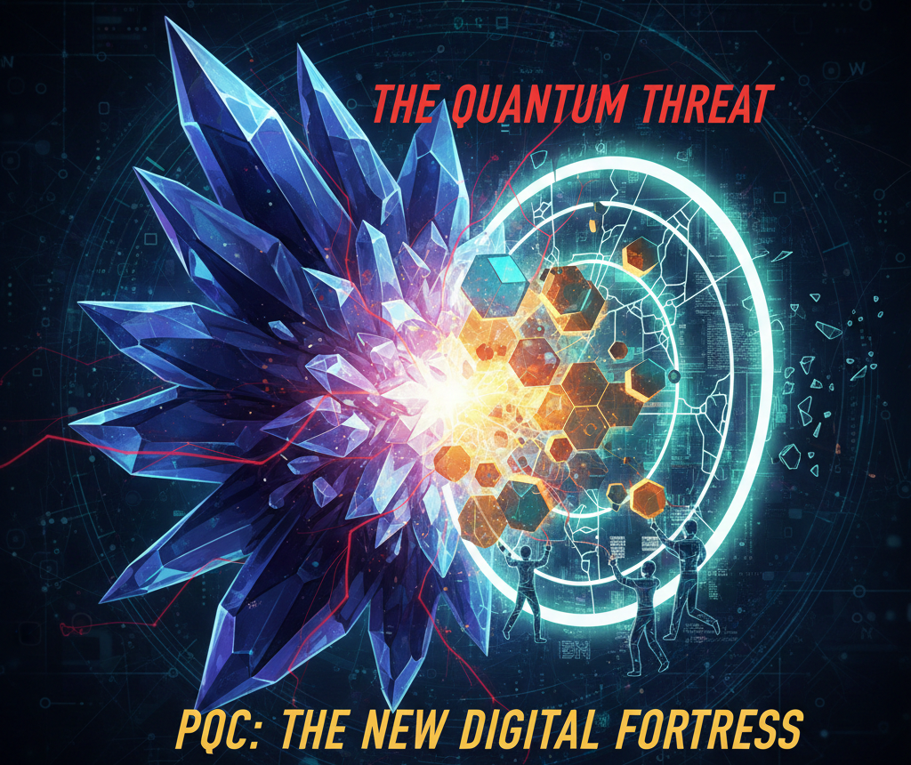 “Digital crystal explosion colliding with a quantum firewall, symbolizing the global threat of quantum computing and the rise of post-quantum cryptography (PQC).”