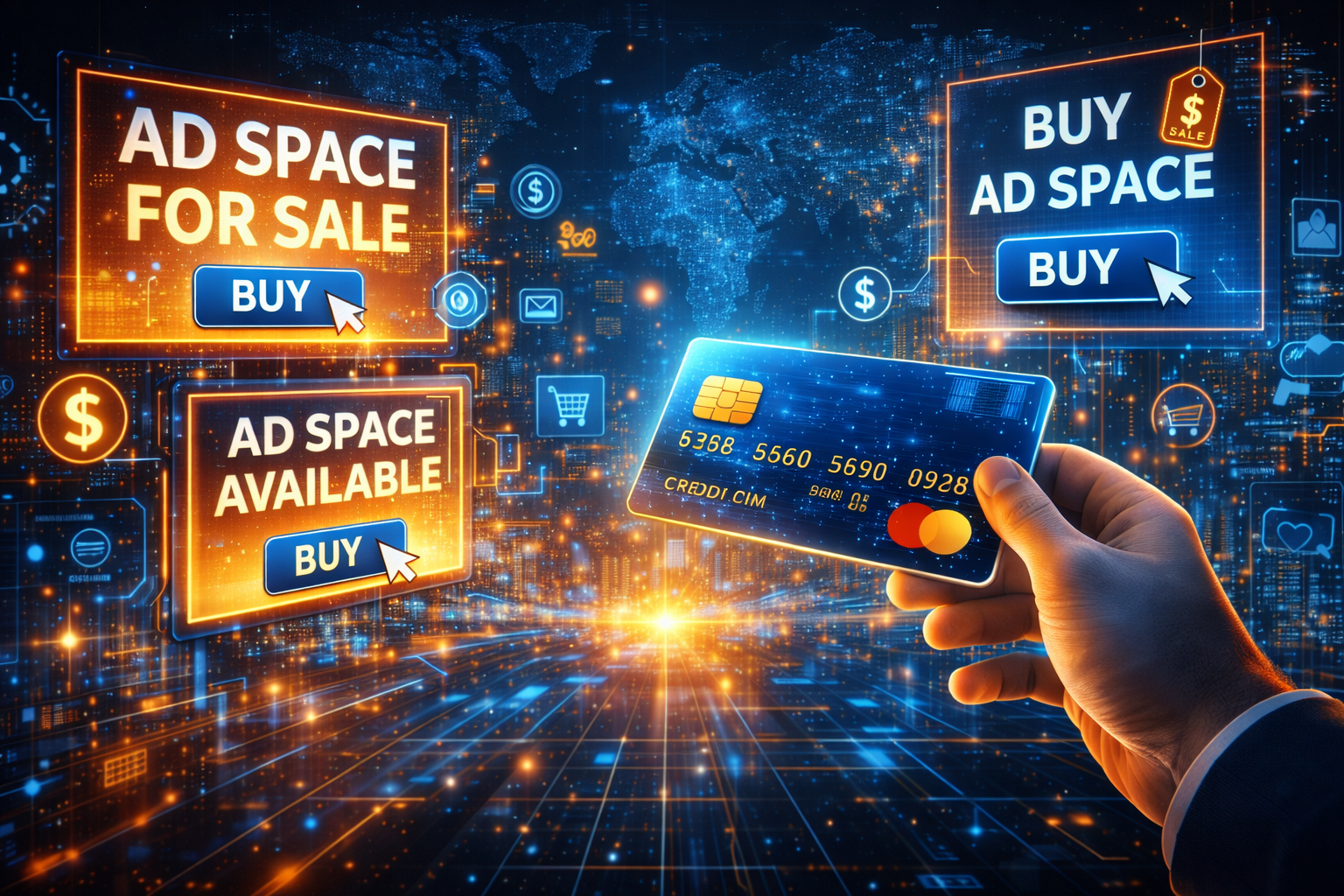 Illustration of buying ad space online, showing digital billboards with “Buy Ad Space” buttons, global data networks, and a secure digital payment card in a modern advertising marketplace.