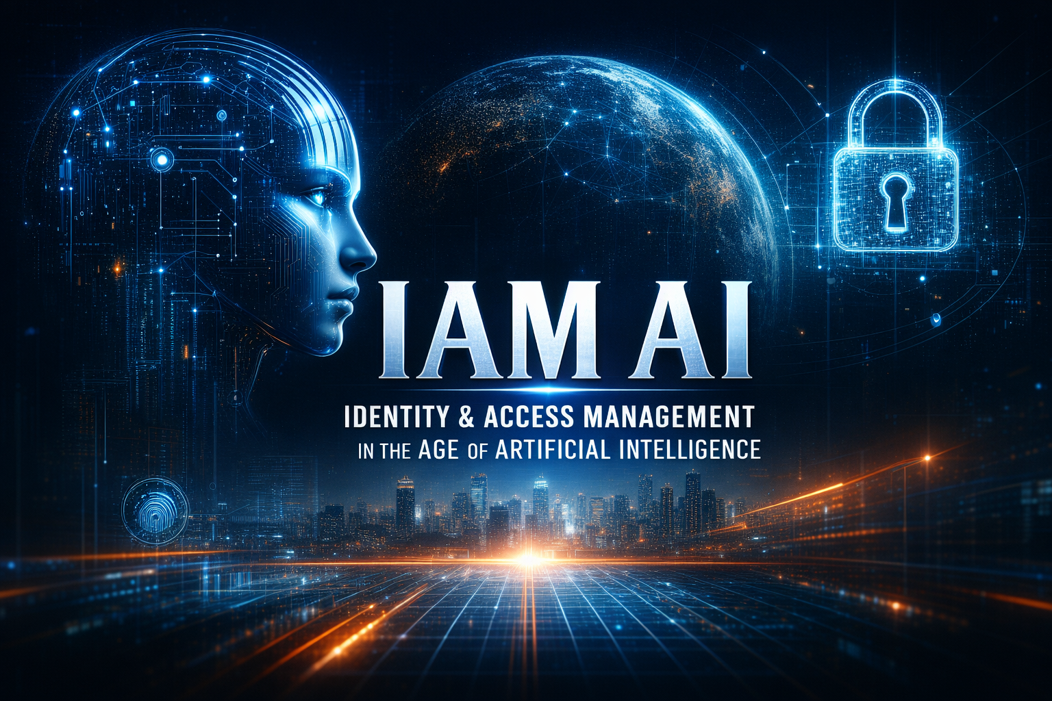 Futuristic digital illustration representing Identity and Access Management (IAM) in artificial intelligence, showing a human-like AI profile, global network connections, and a secure padlock symbol over a city skyline. Identity and Access Management in the age of artificial intelligence, illustrated by a digital human AI profile, global data networks, and cybersecurity padlock protecting connected systems.