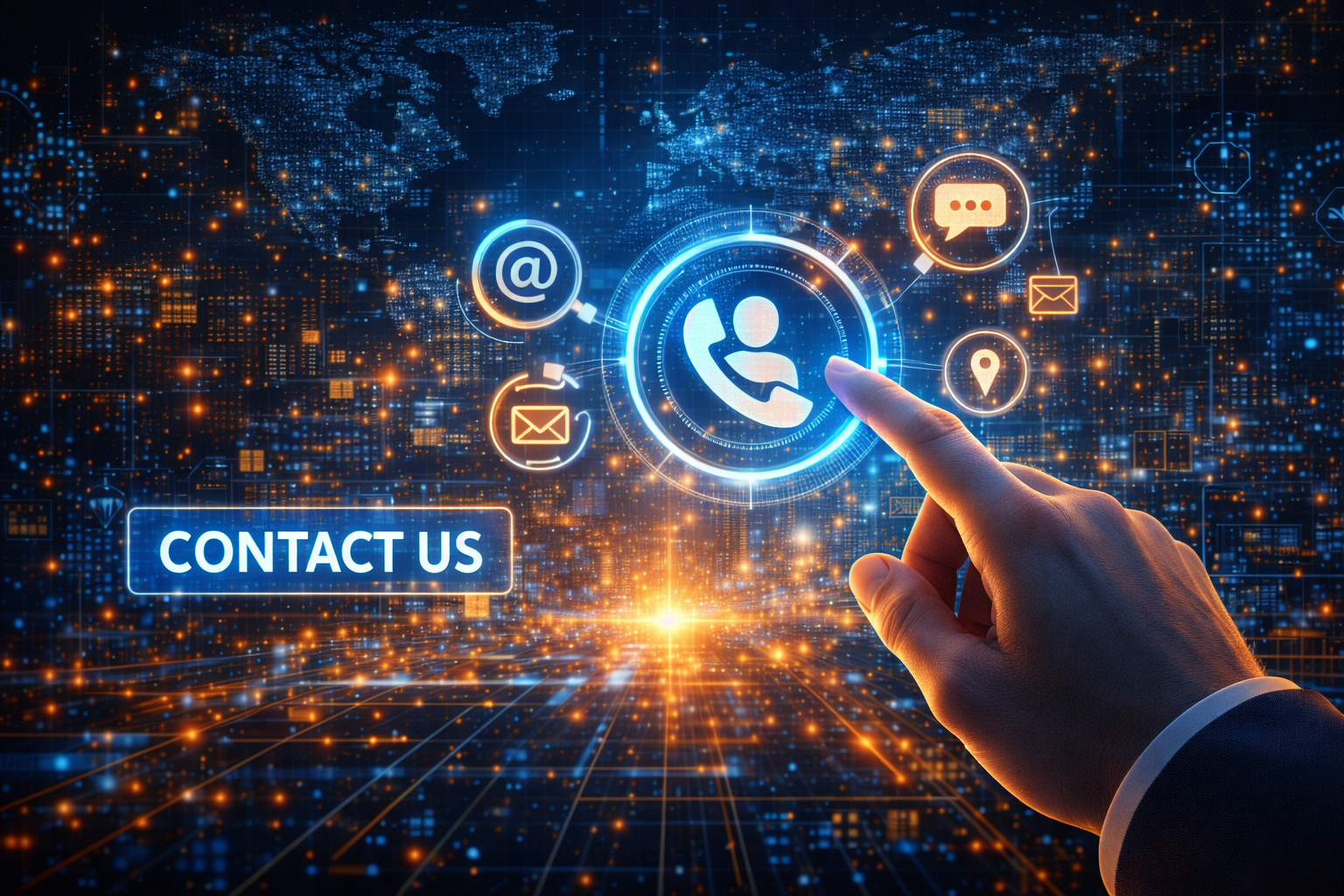 Contact Us interface illustration showing a digital communication hub with phone, email, and messaging icons connected to a global network, representing how to contact Betweenplays.