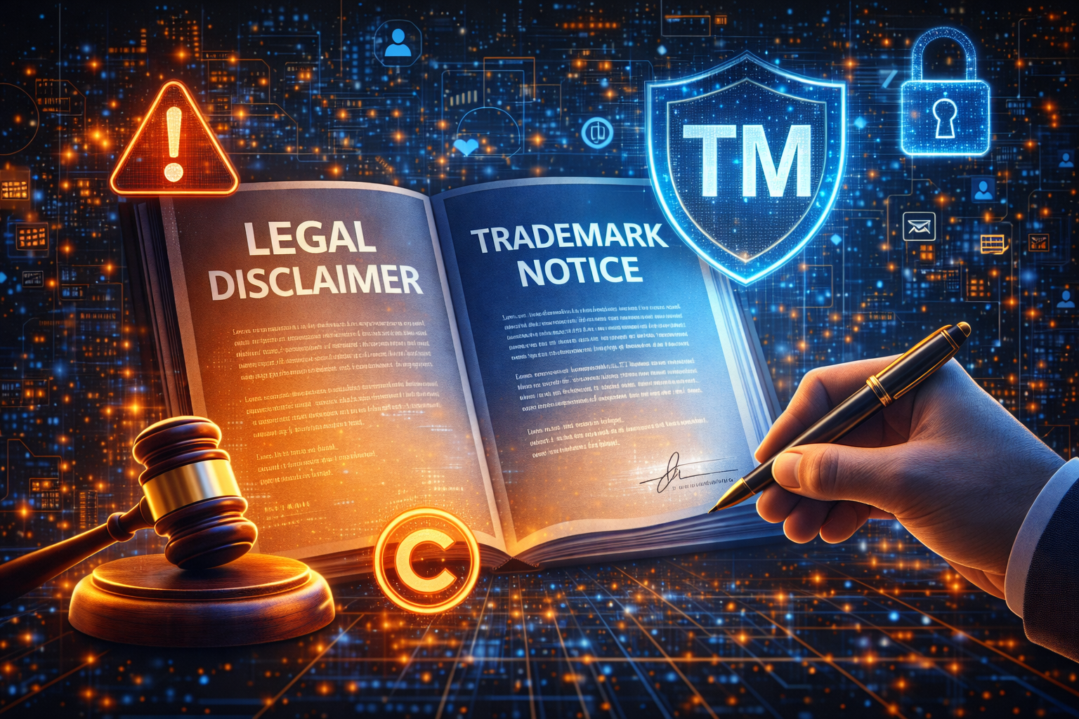 Legal disclaimer and trademark protection illustration showing a signed legal document, TM shield, copyright symbol, padlock, and gavel representing intellectual property rights and legal protection.