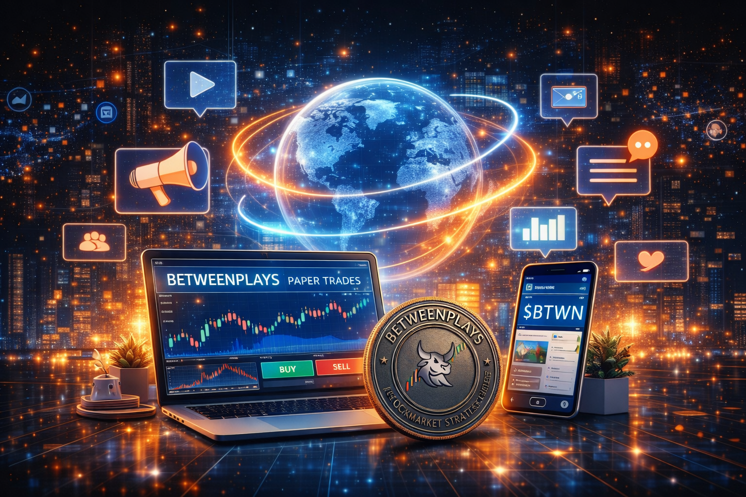 About Betweenplays Media illustration showing a digital media platform with global connectivity, interactive screens, and market visuals representing modern content creation and audience engagement.