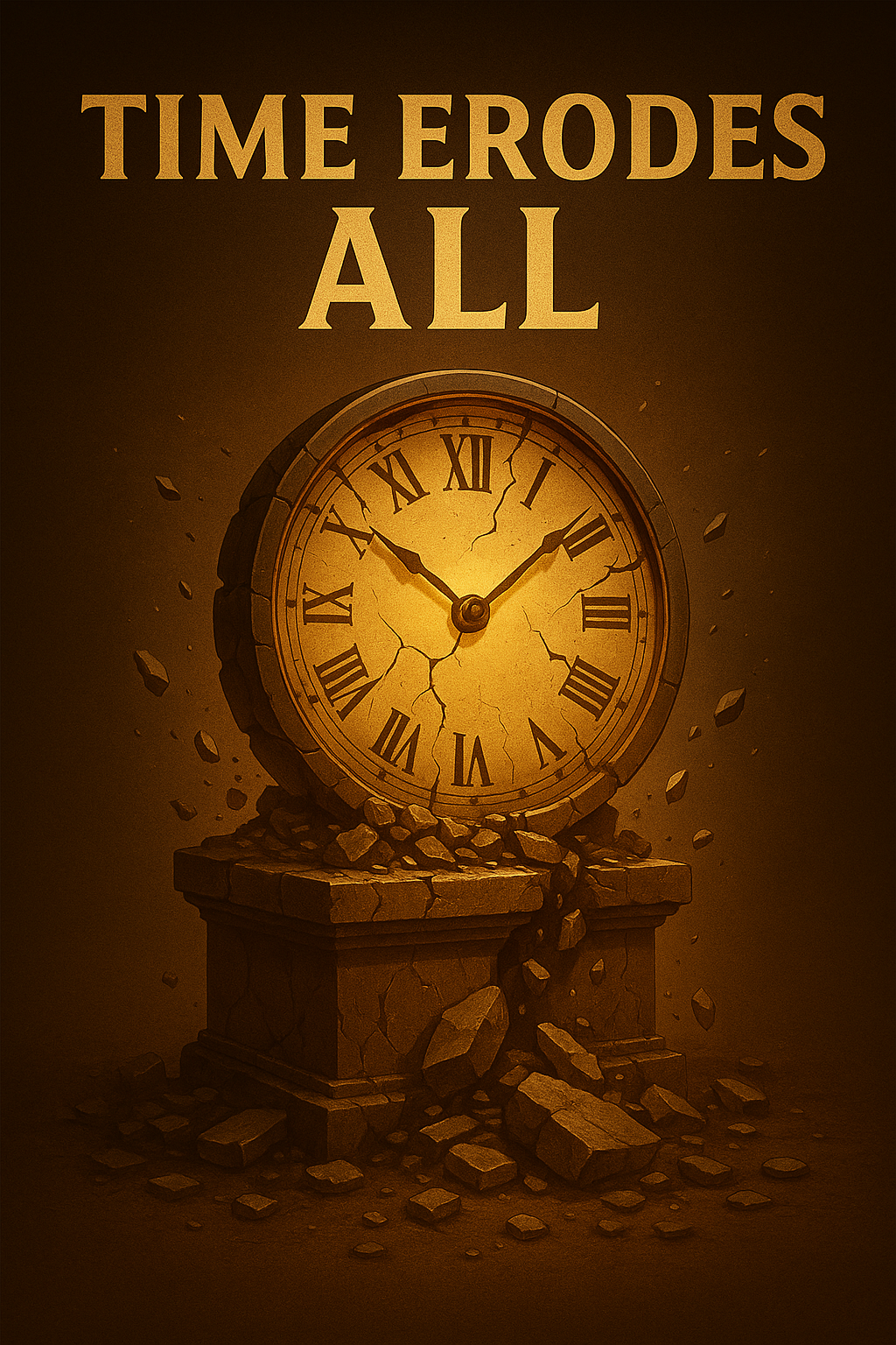Cinematic illustration of a cracked clock crumbling on a stone pedestal, symbolizing the erosion of systems over time and the inevitability of decay.