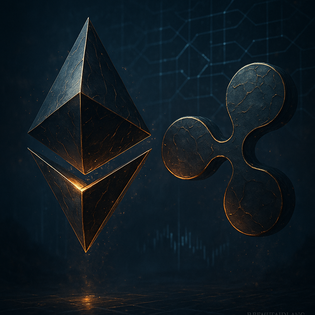 Cinematic metallic Ethereum and Ripple symbols floating within a quantum grid, illuminated with golden light, with subtle Betweenplays watermark.