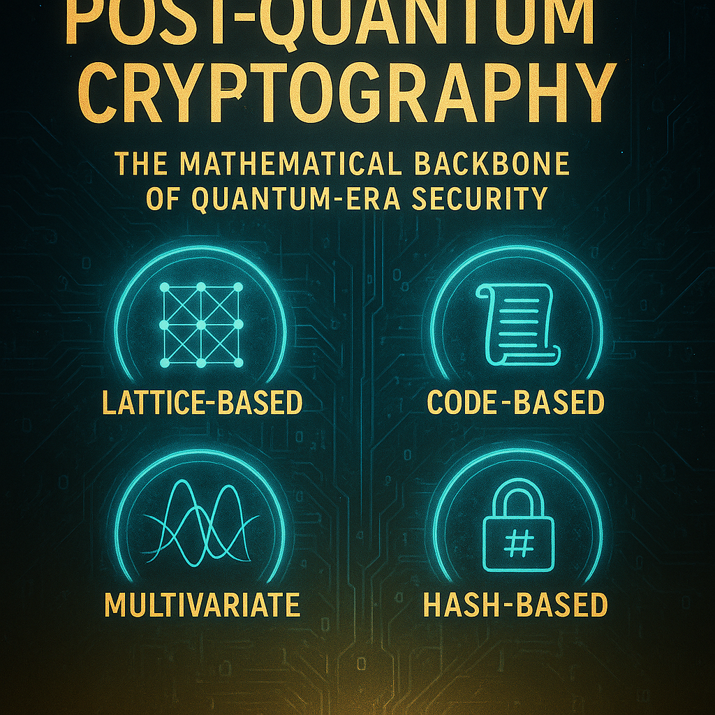 Cinematic illustration explaining post-quantum cryptography with glowing icons for lattice-based, code-based, multivariate, and hash-based algorithms.