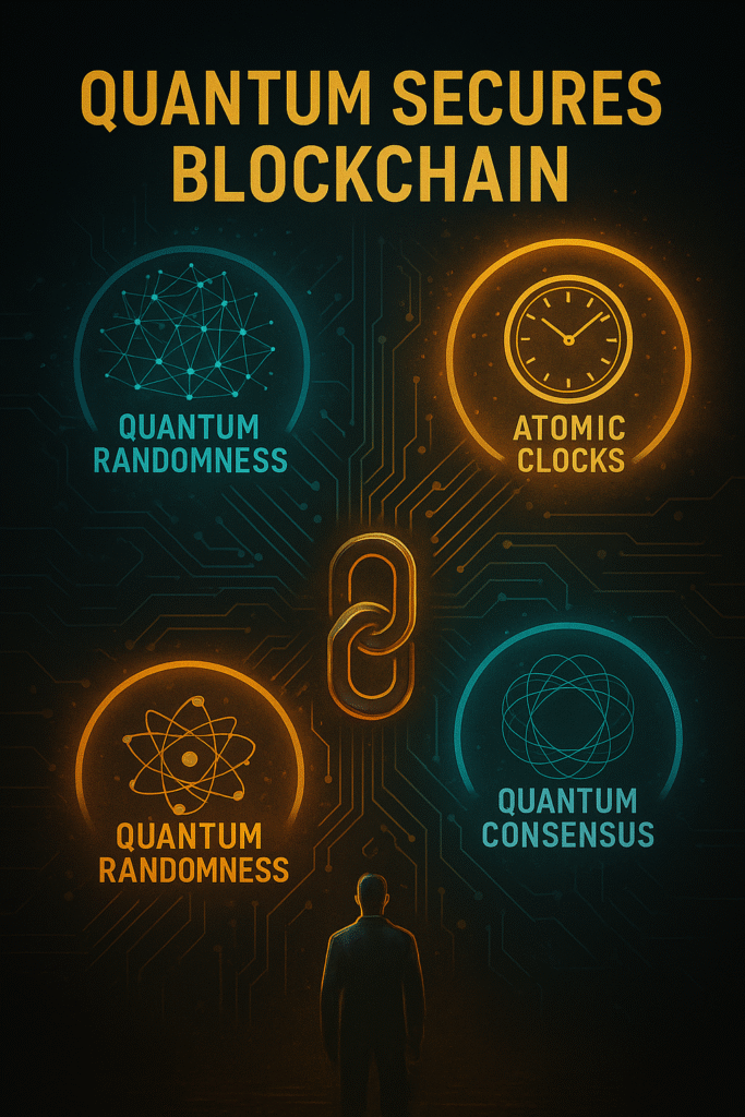 Cinematic illustration showing how quantum randomness, atomic clocks, and quantum consensus can secure blockchain systems, with glowing icons connected by a digital chain.