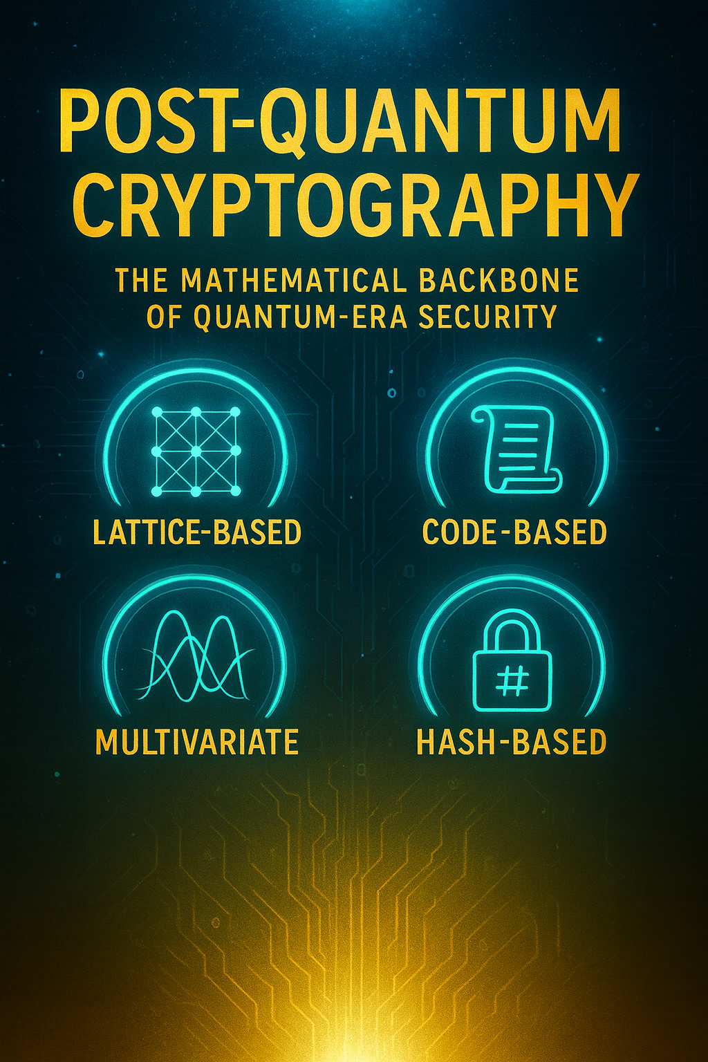 Cinematic illustration explaining post-quantum cryptography with glowing icons for lattice-based, code-based, multivariate, and hash-based algorithms.