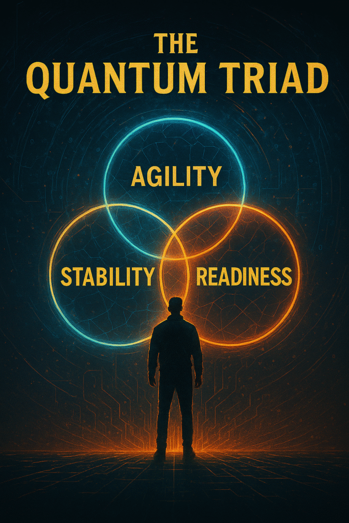 Cinematic illustration of a figure facing three glowing quantum circles labeled Agility, Stability, and Readiness, representing the Quantum Triad concept in digital security.
