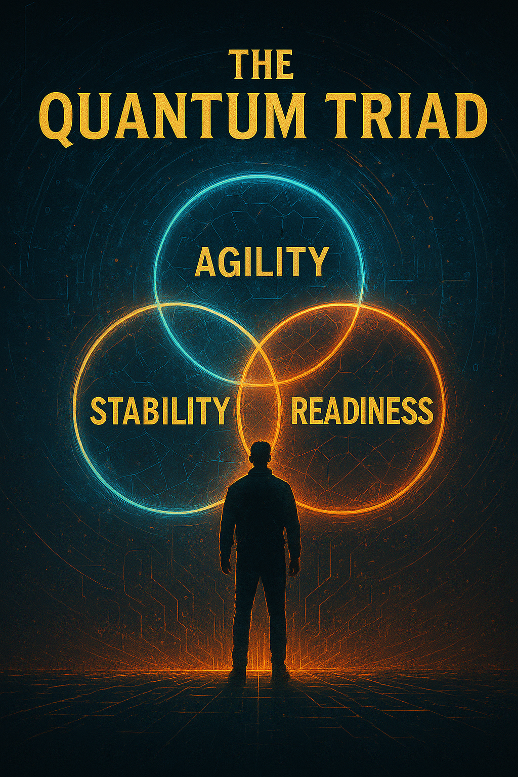 Cinematic illustration of a figure facing three glowing quantum circles labeled Agility, Stability, and Readiness, representing the Quantum Triad concept in digital security.