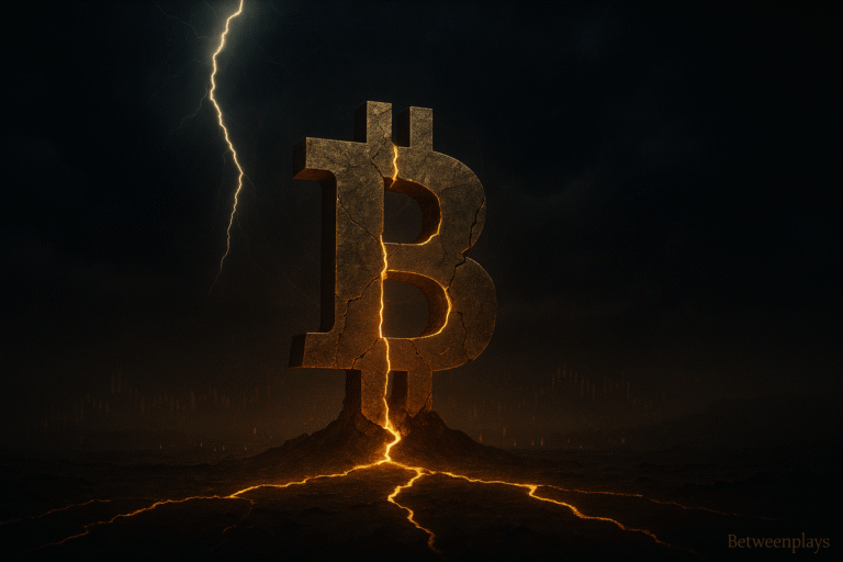 Full-width cinematic image of a massive cracked Bitcoin symbol glowing with molten fissures in a dark storm landscape, struck by lightning, with the Betweenplays watermark.