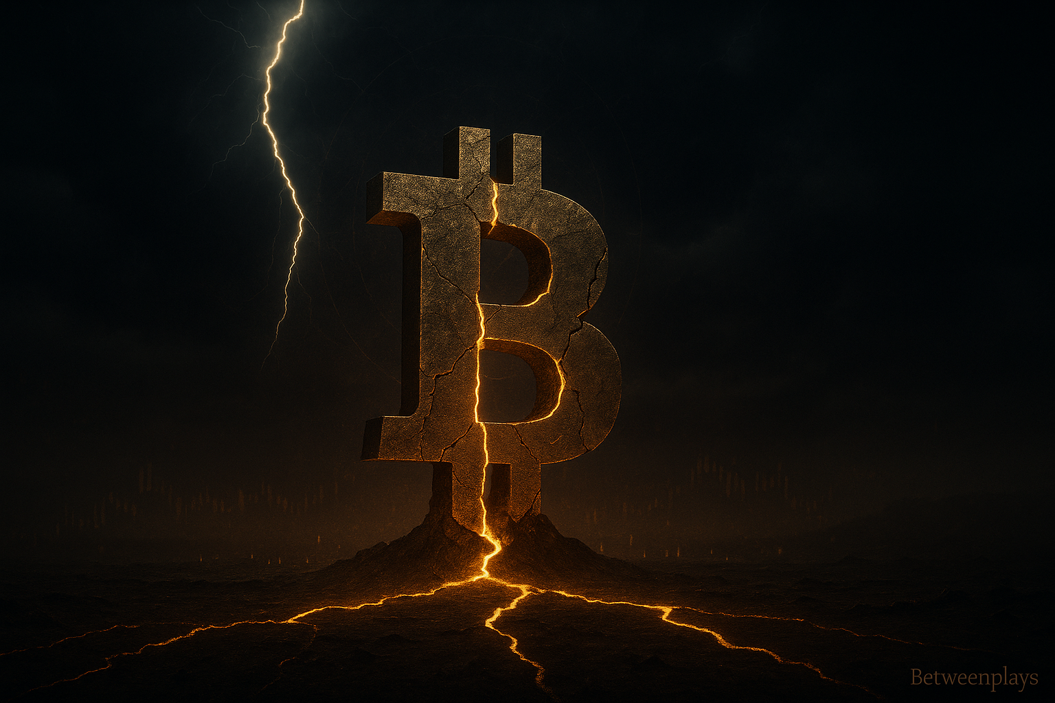 Full-width cinematic image of a massive cracked Bitcoin symbol glowing with molten fissures in a dark storm landscape, struck by lightning, with the Betweenplays watermark.