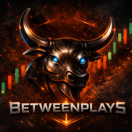 Cinematic metallic bull with glowing blue eyes set against a dark market environment, symbolizing strength, clarity, and disciplined market intelligence by Betweenplays.