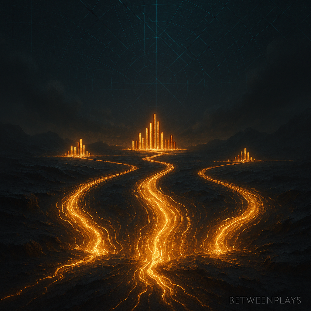 Cinematic image of three molten-gold streams flowing toward distant glowing financial structures, symbolizing capital rotation into three blockchain futures.