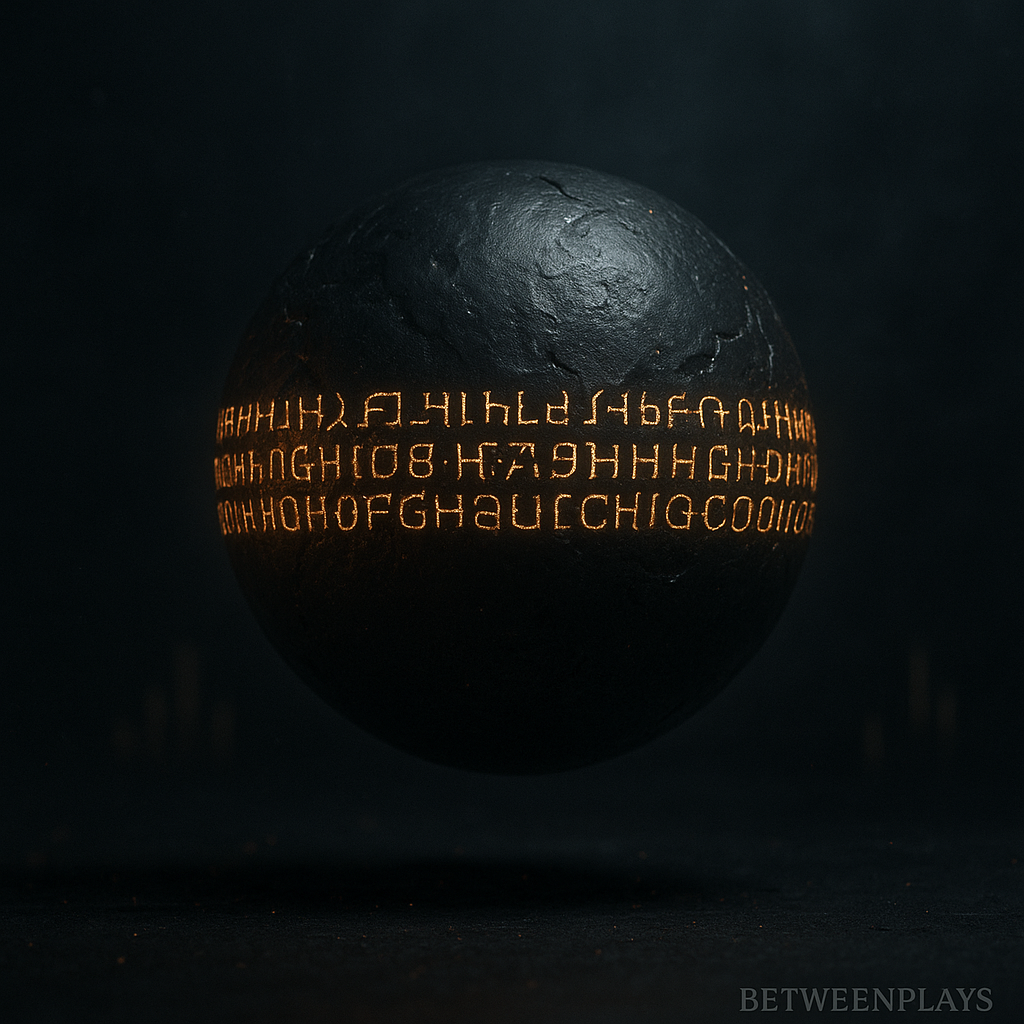 Obsidian sphere with glowing quantum-resistant cryptographic runes floating in a dark cinematic environment with Betweenplays watermark