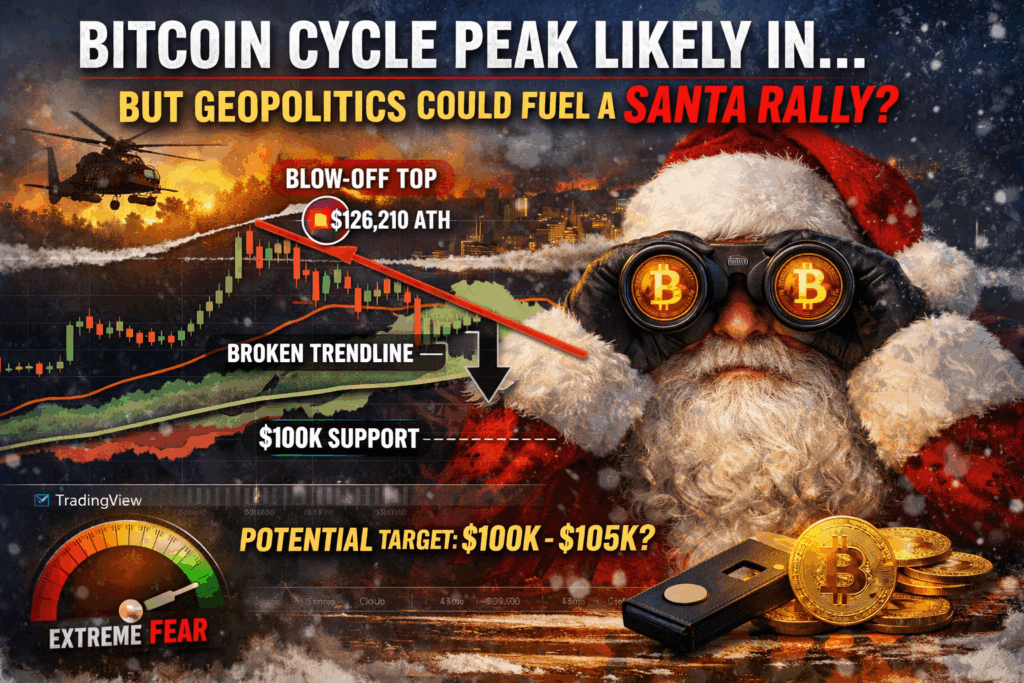 Bitcoin cycle is over peak confirmed– But with geopolitical risks happening the perfect vehicle of capital flight might push it higher short term.