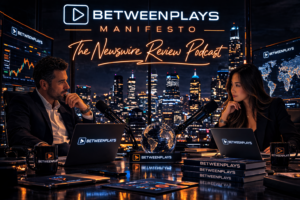 Professional financial podcast studio featuring two hosts discussing market news at microphones with laptops displaying the Betweenplays brand. The set shows stock charts and financial monitors behind them under the title “The Newswire Review Podcast.”