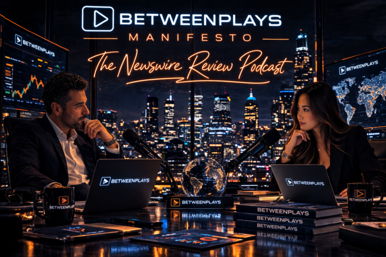 Professional financial podcast studio featuring two hosts discussing market news at microphones with laptops displaying the Betweenplays brand. The set shows stock charts and financial monitors behind them under the title “The Newswire Review Podcast.”