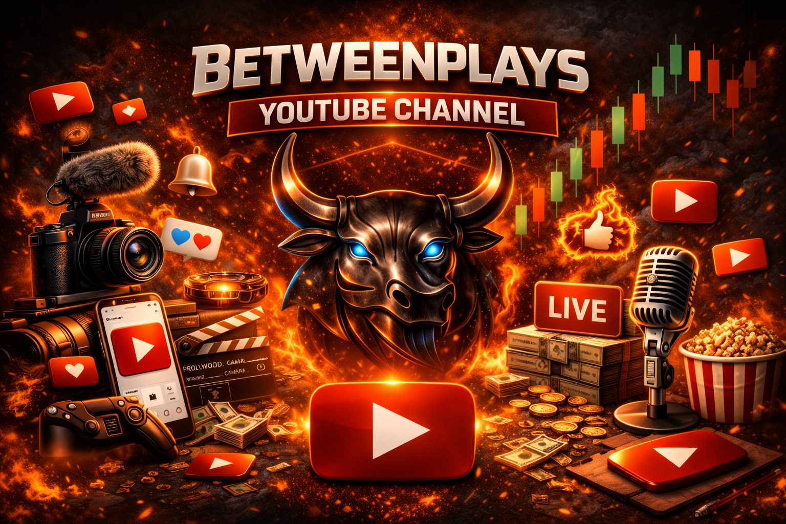 Betweenplays YouTube Channel banner featuring a cinematic metallic bull logo with glowing blue eyes, surrounded by fiery market visuals, candlestick charts, and YouTube media elements.
