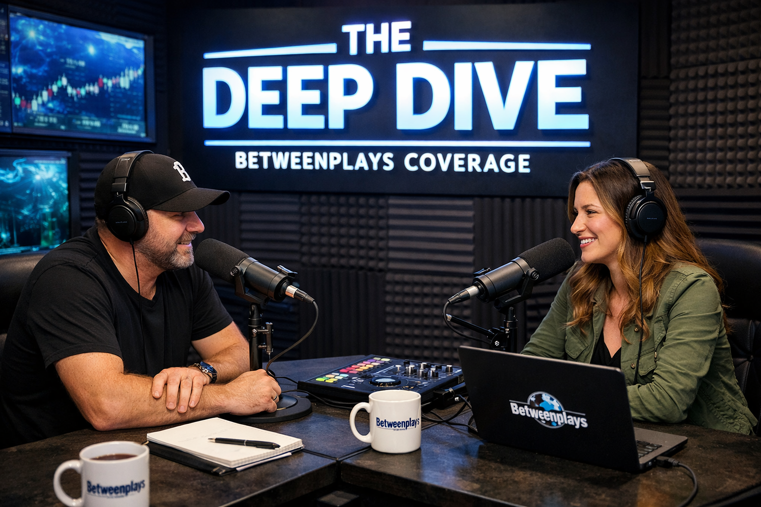 Man and woman hosting a professional podcast across from each other in The Deep Dive studio for Betweenplays Coverage, wearing headphones and speaking into broadcast microphones.