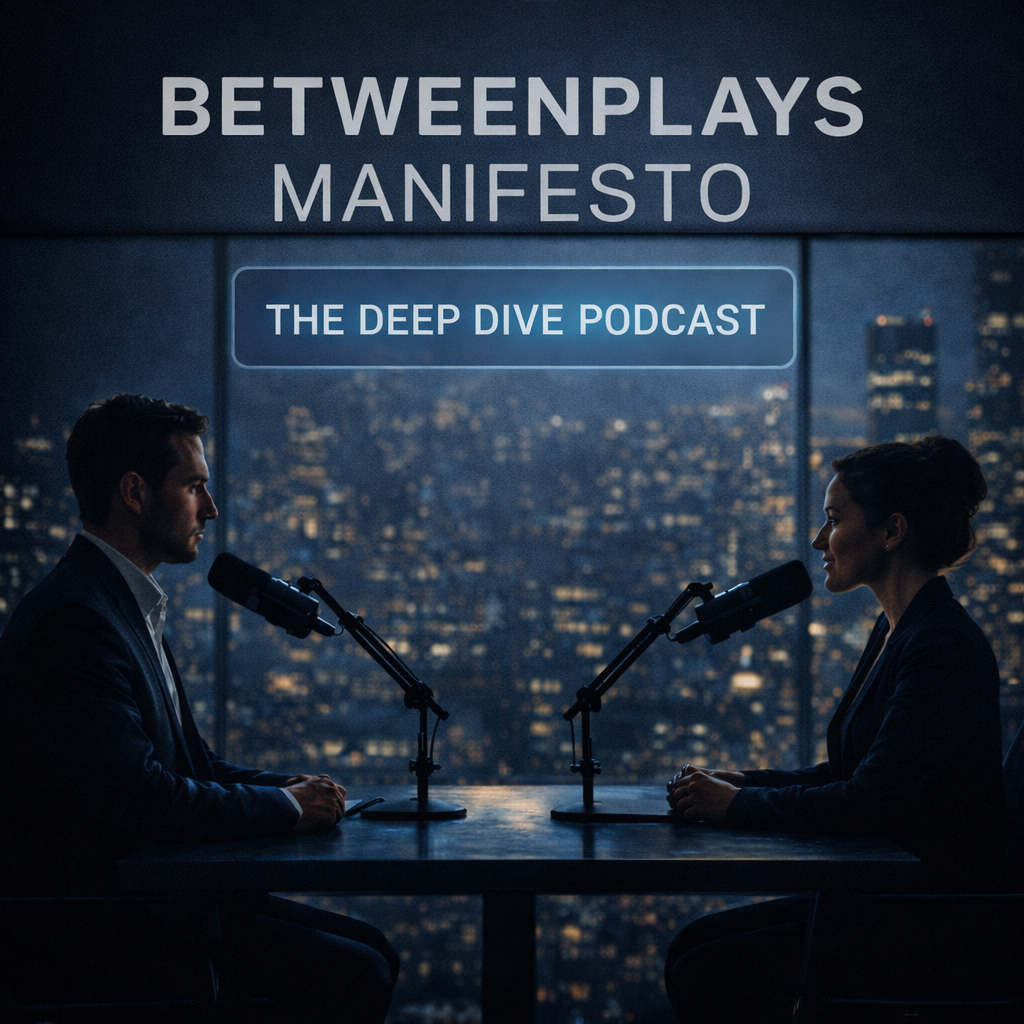 The Deep Dive podcast studio with two hosts in a professional radio-style setup, representing Betweenplays Media as an independent analytical infrastructure layer for long-form market intelligence.