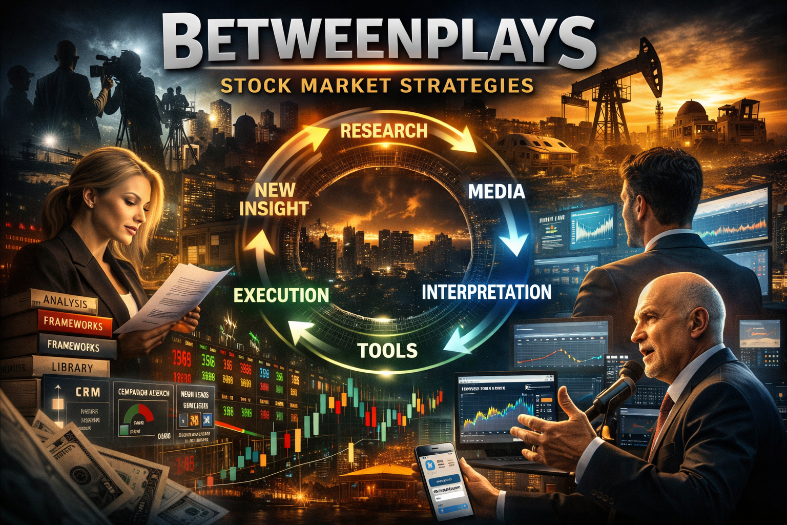 Cinematic visualization of Betweenplays Stock Market Strategies infrastructure showing research, media, interpretation, tools, execution, and new insight cycle with financial charts, executive interviews, and capital markets backdrop.