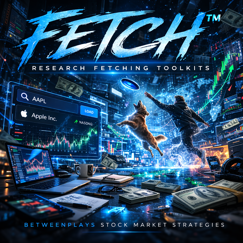 FETCH™: Research Fetching Toolkits featured image showing a futuristic blue digital finance world with a man throwing a glowing frisbee to a jumping dog beside holographic stock charts, research screens, floating cash, and the branding Betweenplays Stock Market Strategies.