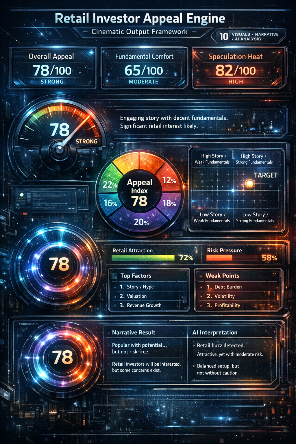 Cinematic futuristic dashboard titled “Retail Investor Appeal Engine — Cinematic Output Framework,” showing glowing blue and orange analytics panels, a speedometer-style appeal gauge, donut chart, quadrant map, risk bars, rankings, and AI interpretation modules in a dark high-tech interface.