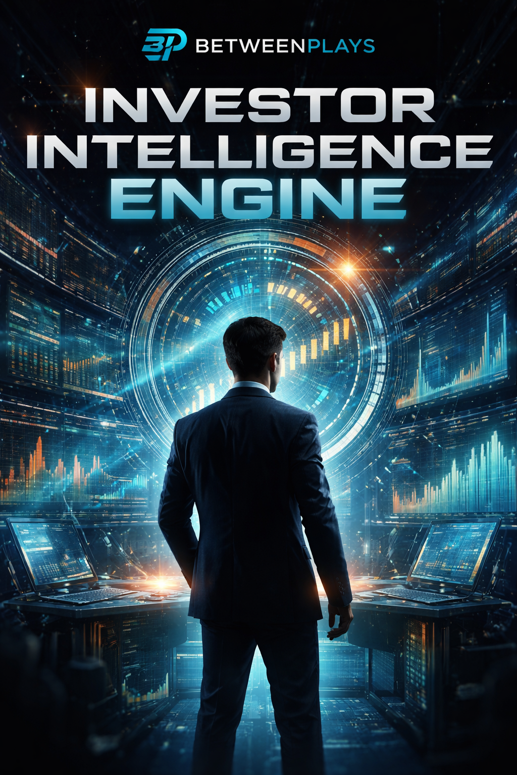 Cinematic futuristic control room with a suited figure standing before glowing market dashboards, charts, and data screens beneath the title “Investor Intelligence Engine” and Betweenplays branding.