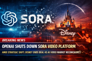 OpenAI Sora shutdown illustration showing AI video platform closure and Disney partnership ending