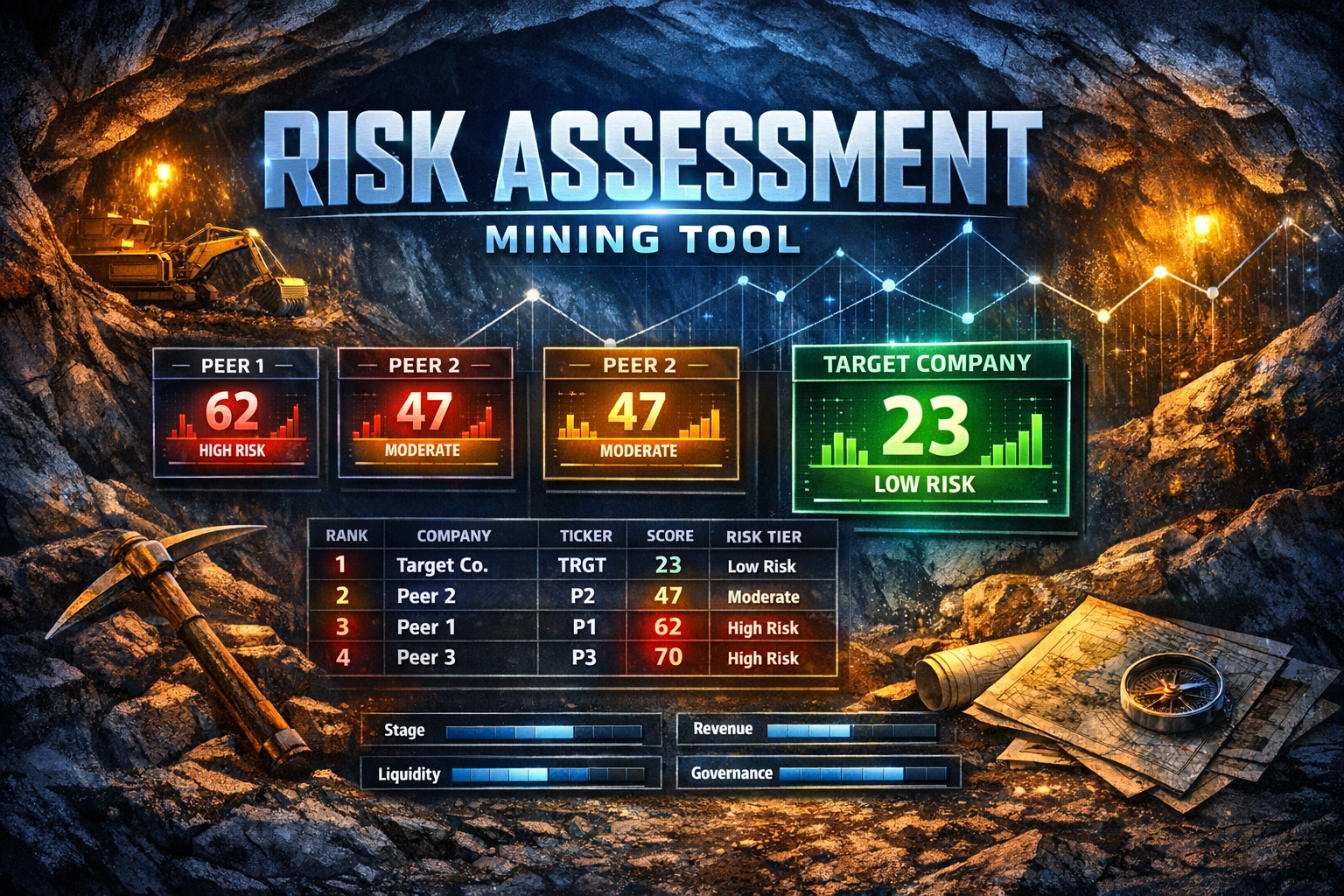 Cinematic featured image for a mining risk assessment tool, showing a dramatic underground mine tunnel with glowing blue and amber lighting, heavy equipment, data charts, peer comparison score panels, a ranked company table, and a highlighted target company panel signaling lower relative risk.
