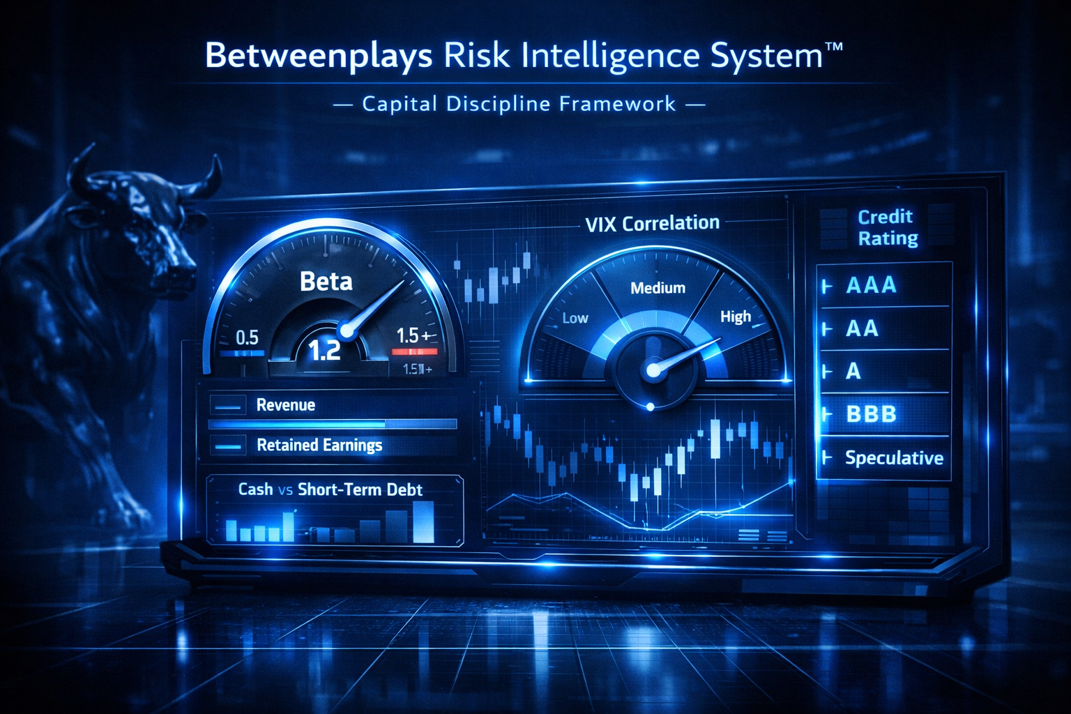 Cinematic electric-blue financial risk assessment dashboard showing beta gauge, VIX correlation meter, liquidity metrics, retained earnings indicators, and credit rating ladder inside a Betweenplays capital markets control room.